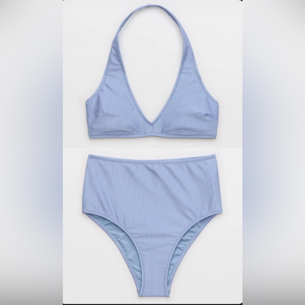 NWT Aerie FULL SET Shine Rib Halter Top + High Waisted Cheeky Bottom in Blue - M - Picture 1 of 4